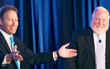 Dave Hilfman, left, senior vice president of worldwide sales for United Airlines, spoke about Lufthansa Group's surcharge on GDS bookings during the panel, moderated by Block.