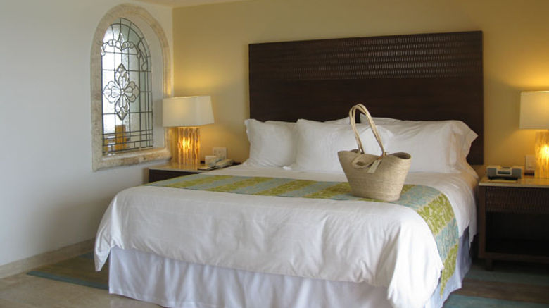 Travel Weekly reporter Jeri Clausing visited the Fiesta Americana Grand Coral Beach Cancun to see the results of a two-year renovation. The 20-year-old property has been AAA five-diamond rated for 15 straight years. Pictured here, the bedroom area of one of the hotel's suites. Photos by Jeri Clausing.