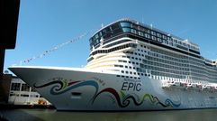 The Norwegian Epic berthed in New York just before its naming.