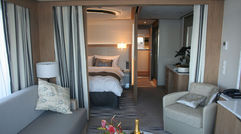Viking River Cruises' newest class of vessels, the Viking Longships, feature a wider array of cabin configurations and classes, ranging from 135-square-foot staterooms with French balconies to 270-square-foot, two-room suites with French balconies off the bedroom, design elements that result in large part from the off-center corridor. Pictured here, one of two Explorer Suites on the Viking Odin. TW photos by Michelle Baran; posted March 26, 2012