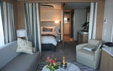 Viking River Cruises' newest class of vessels, the Viking Longships, feature a wider array of cabin configurations and classes, ranging from 135-square-foot staterooms with French balconies to 270-square-foot, two-room suites with French balconies off the bedroom, design elements that result in large part from the off-center corridor. Pictured here, one of two Explorer Suites on the Viking Odin. TW photos by Michelle Baran; posted March 26, 2012
