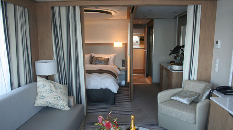Viking River Cruises' newest class of vessels, the Viking Longships, feature a wider array of cabin configurations and classes, ranging from 135-square-foot staterooms with French balconies to 270-square-foot, two-room suites with French balconies off the bedroom, design elements that result in large part from the off-center corridor. Pictured here, one of two Explorer Suites on the Viking Odin. TW photos by Michelle Baran; posted March 26, 2012