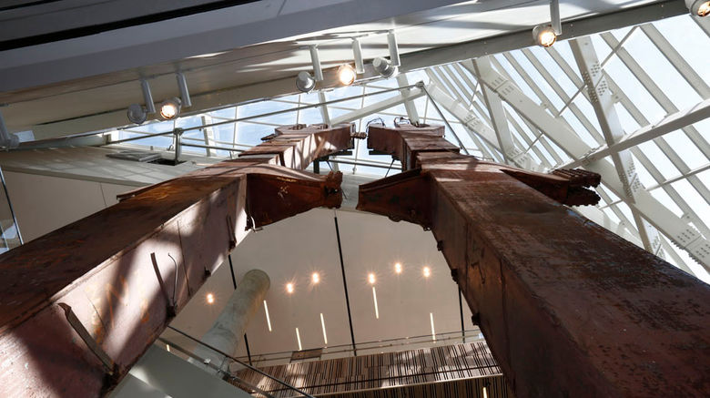 The 9/11 Memorial and Museum, which opens to the public May 21, will "display artifacts associated with the events of September 11 while presenting stories of loss and recovery." A view from below of the steel "tridents" in the museum's entry pavilion that formed part of the exterior structural support of the east facade of the North Tower. All photos by Jin Lee/NYC and Company. Caption source: 9/11 Memorial and Museum
