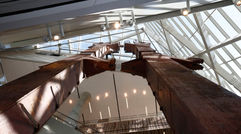 The 9/11 Memorial and Museum, which opens to the public May 21, will "display artifacts associated with the events of September 11 while presenting stories of loss and recovery." A view from below of the steel "tridents" in the museum's entry pavilion that formed part of the exterior structural support of the east facade of the North Tower. All photos by Jin Lee/NYC and Company. Caption source: 9/11 Memorial and Museum