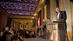Arnie Weissmann and Bob Sullivan on stage together during Travel Weekly's 6th Annual Readers' Choice Awards gala. (photo by Lisa Quinones/Black Star)