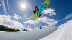 A snowboarder in a terrain park at Breckenridge Ski Resort.