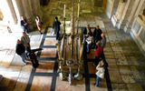 Looking down over the Stone of the Anointing, believed to be the place where Jesus' body was prepared for burial, at the Church of the Holy Sepulchre in Jerusalem.