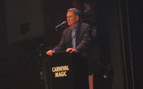 Carnival Cruise Lines President and CEO Gerry Cahill welcomes guests to the naming ceremony for the Carnival Magic in Venice May 1. The ceremony was held in the ship's Showtime Theater.