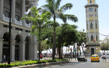 The clock tower on Guayaquil's Malecon 2000 riverfront promenade. At left is Guayaquil's Municipal Palace.