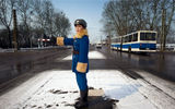 A traffic officer on the job in Pyongyang in mid-winter.
