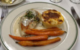 Dinner service on the Pullman offered a choice of four entrees with a vegetable and a potato pastry, followed by ice cream and a cookie.