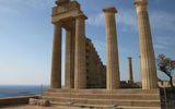 Temple of Athena Lindia, or what is left of it, at the top of the acropolis at Lindos on Rhodes.