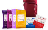 These handy Travel Lite Carry On Friendlies kits, one for women and one for men, contain La Fresh wipes appropriate for minor travel emergencies and inconveniences. The women's Friendlies (pictured) consist of a pouch of facial wipes, nail polish remover pads, lens-/screen-cleaning wipes, makeup remover wipes, hygiene wipes and antiperspirant wipes. The men's collection has antiperspirant wipes, mosquito-repellant wipes, lens-/screen-cleaning wipes, hygiene wipes, antibacterial wipes and shoe-shine wipes. Both sets of wipes come in a portable travel bag.