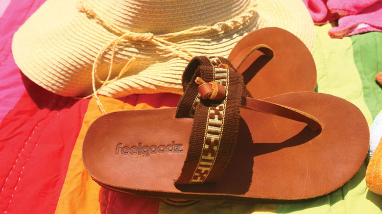 What's New, What's Hot is Travel Weekly's look at useful and fun travel gadgets, edited by Joe Rosen. Travel-related attire, from head to toe, is the theme for this month. First up, Feelgoodz Flopz. The company that sells these flip-flops prides itself on producing all-natural footgear constructed without PVCs, toxins and artificial dyes. In addition, the Thai and Vietnamese farmers and Hmong weavers are paid at or above fair market value for what they normally earn at the market for their goods.