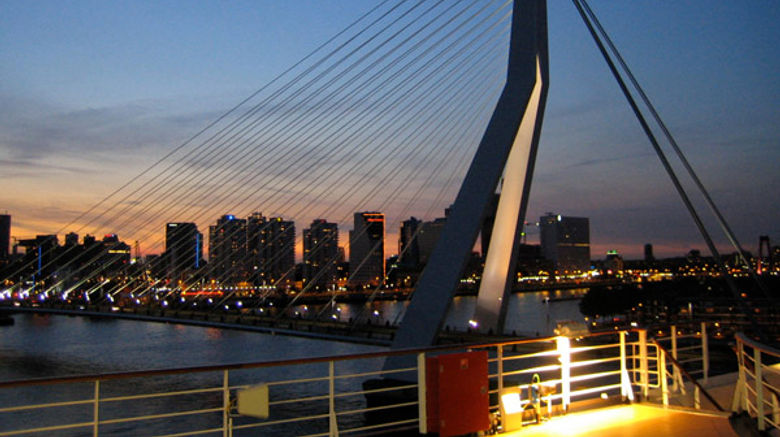 View of Rotterdam's Erasmus Bridge from the Eurodam on the eve of its inaugural. (photo by Johanna Jainchill)