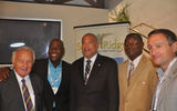 Antigua's Sugar Ridge hosted a reception at World Travel Market. (L-R): Dan McCauley, Vivian Richards, Minister of Tourism John Maginley, Ritchie Richardson and Aidan McCauley, owner of Sugar Ridge.
