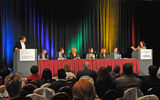 A session called "Satisfying the Future Leisure Customer" included, seated from left, Andy Start of Norwegian Cruise Line, Tim Mullin of Apple Vacations, Edie Bornstein of Azamara Club Cruises, Paula Hayes of the Globus Family of Brands, Vicki Freed of Royal Caribbean International and Jack Anderson of Crystal Cruises