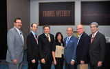 CruiseWorld panelists, from left: Rick Meadows of Seabourn; Adam Goldstein of Royal Caribbean International; Arnie Weissmann of Travel Weekly; Christine Duffy of CLIA; Maurice Zarmati, President and CEO of Costa Cruise Lines, North America, who moderates the "Peer Power Panel;" Kevin Sheehan of Norwegian Cruise Line; and Richard Sasso of MSC Cruises
