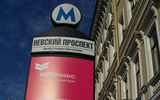 The Nevskiy Prospekt subway station sign at the Grand Hotel Europe. St. Petersburg's metro system, built in the 1930s, features some of the deepest subway stations in the world.