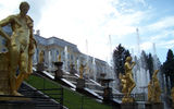 The Grand Cascade outdoor fountains at Peterhof, outside St. Petersburg, features 142 water jets spouting from 64 outlets, including golden classical statues.