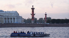 Two 105-foot "rostral columns" commemorating Russian naval victories stand guard on the shores of the Strelka, or eastern tip of Vasilevskiy Island.