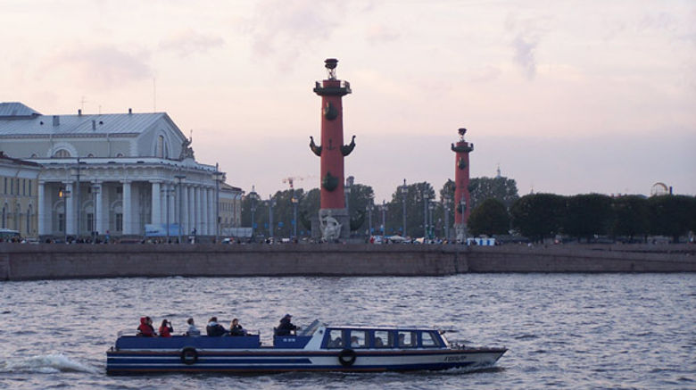 Two 105-foot "rostral columns" commemorating Russian naval victories stand guard on the shores of the Strelka, or eastern tip of Vasilevskiy Island.