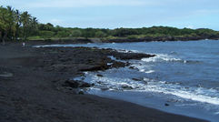 The largest of the Hawaiian Islands, the Big Island is home to five volcanoes: Kohala (extinct), Mauna Kea (dormant), Hualalai (active, but not currently erupting), Mauna Loa (active, but quiet) and Kilauea (continuously erupting since 1983). The island is noted for its volcanic black-sand beaches, such as this strand at Punalu'u on the southeast coast.
