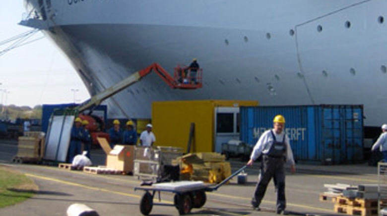 The Celebrity Solstice at the Meyer Werft shipyard in Papenburg, Germany, on Sept. 27, 2008, the day before it transited down the River Ems for its final fittings and sea trials.