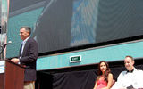Carnival Cruise Lines CEO Gerry Cahill addressed the crowd during the Splendor's naming ceremony in Dover, England.