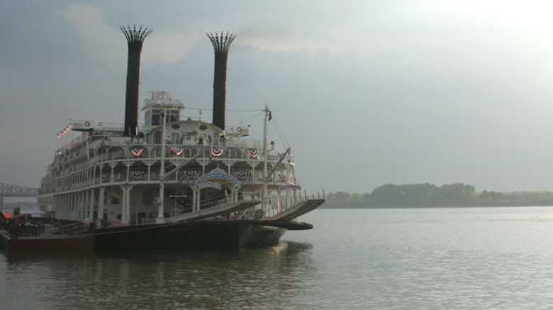 River cruise editor Michelle Baran was on hand as the Great American Steamboat Company christened the 436-passenger American Queen in Memphis, signaling the rebirth of overnight passenger cruising along the Mississippi River System. Pictured here, the American Queen docked at the Beale Street Landing in Memphis on the eve of the vessel's christening ceremony. Photos by Michelle Baran