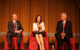 From left, Jeff Krida, CEO, Great American Steamboat Company; Priscilla Presley, godmother of the American Queen; and John Waggoner, chairman of the Great American Steamboat Company, at a press conference in the Grand Saloon immediately following the christening.