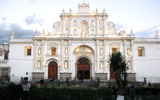The illuminated façade of the Church of San Jose; the church is all that remains of the once imposing city cathedral, destroyed in a 1773 earthquake.