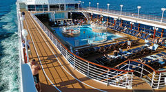 With the Azamara Journey, Azamara Cruises line floats a boutique hotel at sea. Shown here, the vessel's pool deck.