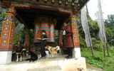 Mr. Nado watches as the author's 8-year-old sun spins a prayer wheel near the ruins of Drukgyal Dzong.