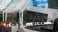 The CityCenter complex, with the Crystals Retail & Entertainment center on the right, the Aria Resort & Casino to the left, and the not-yet-finished Harmon Hotel in the center background.