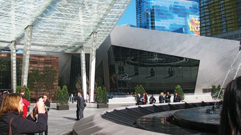 The CityCenter complex, with the Crystals Retail & Entertainment center on the right, the Aria Resort & Casino to the left, and the not-yet-finished Harmon Hotel in the center background.