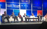 The "Travel: An Addictive Industry" panelists, from left: Ken Muskat of MSC Cruises USA, Mark Kammerer of Holland America Line, Dondra Ritzenthaler of Celebrity Cruises, Andy Stuart of Norwegian Cruise Line, Vicki Freed of Royal Caribbean International, Chris Austin of Starwood Hotels and Resorts and Joni Rein of Carnival Cruise Lines. TW photo by Rebecca Tobin