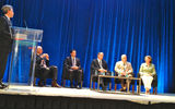 Consortium representatives on the panel called "Who do I Make My Business Partner", from left, ASTA CEO Tony Gonchar, moderating; Virtuoso's Bill Smith; Ensemble's Joe Jiffo; Travel Leaders Group Stephen MacGillivray; WESTA's Mike Estill; and Helix's Lauri Reishus. Photo by Johanna Jainchill