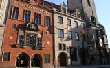 These seemingly unrelated buildings are all part of Prague's Old Town Hall. The city's famed astronomical clock can be seen near the bottom of the tower at far right.