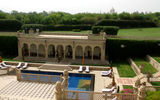 The lobby deck of the Oberoi Amarvilas, with the Taj Mahal in the background.