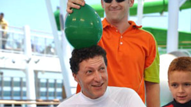 Without volunteering, Travel Weekly editor in chief Arnie Weissmann found himself a participant in Nickelodeon's Slime Time Live aboard the inaugural cruise of Norwegian Cruise Line Epic. Is the balloon filed with water or slime? Weissmann won't know until after his attempt to makes his way through a 36-word tongue-twister.