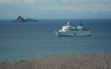 The yacht La Pinta, anchored off Bartolome Island.