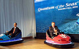 Royal Caribbean CEO Adam Goldstein and RCCL Chairman Richard Fain at the Quantum of the Seas reveal in bumper cars. Photo by Arnie Weissmann