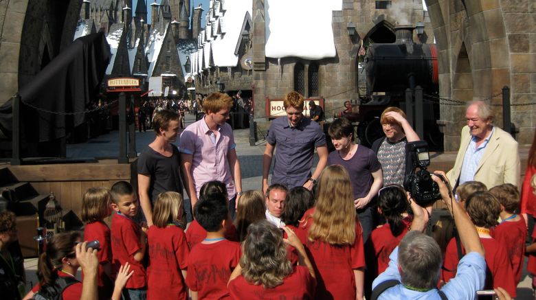 Film stars Tom Felton, James & Oliver Phelps, Daniel Radcliffe, Rupert Grint and Michael Gambon welcome Texas first graders as first guests to The Wizarding World of Harry Potter, Universal Resort Orlando. June 18, 2010.