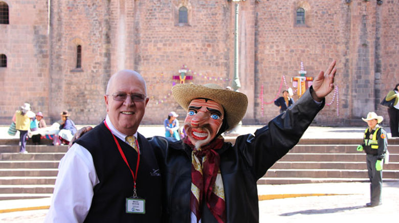 Members of Tourism Cares traveled to Peru in May for its first Global Outreach program. The group met with members of Peru's travel industry in Cuzco, followed by a day in the Inca Sacred Valley, a visit to Machu Picchu and a restoration project back in Cuzco. Pictured here, Bruce Beckham, CEO of Tourism Cares, and the rest of the visiting Americans were greeted in Cuzco by a troupe of costumed entertainers. Photos by Arnie Weissmann