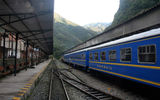 The “Backpackers” train in Aguas Calientes, taken from the front seat of the pricier Vistadome train.