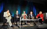 On the cruise line CEO panel, second from left, Adam Goldstein, CEO of Royal Caribbean International; Rick Sasso, MSC Cruises USA CEO; and Kevin Sheehan, CEO of Norwegian Cruise Line answered questions from Travel Weekly Editor in Chief Arnie Weissmann, far left, and Kathy Sudeikis, vice president of All About Travel.