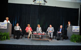 At the "Agent leaders discuss the future of the travel agent" panel, seated from left: Nicole Mazza of Travelsavers, Priscilla Alexander of Protravel Interntional; Audrey Hendley of American Express, Steve Tracas of Vacation.com and Makis Xenatos of Liberty Travel. The panel was moderated by Joanie Ogg, far left, and Marc Mancini, far right.