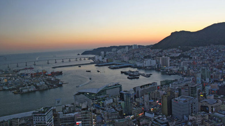 Sunset in Busan, South Korea’s second-largest city and home to a buzzing shopping district.