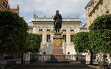 Leipzig's Old Stock Exchange, with a statue of author Johann Wolfgang Goethe in the foreground. Goethe studied in Leipzig between 1765 and 1768.